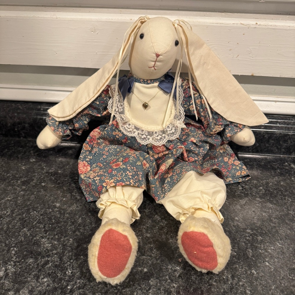 Vintage Folk Art Handmade Bunny Floppy Ears Lace Dress and Necklace Plush 20"